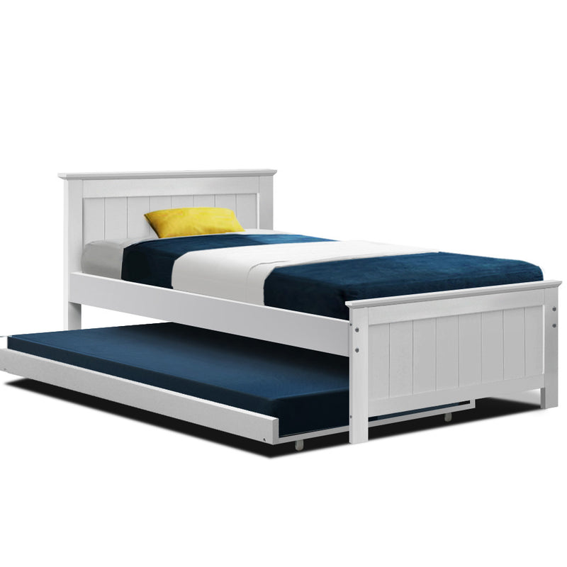 Artiss Wooden Trundle Bed Frame Timber Slat King Single Size White - Coll Online
