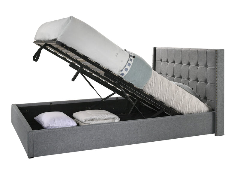 Double Sized Winged Fabric Bed Frame with Gas Lift Storage in Light Grey