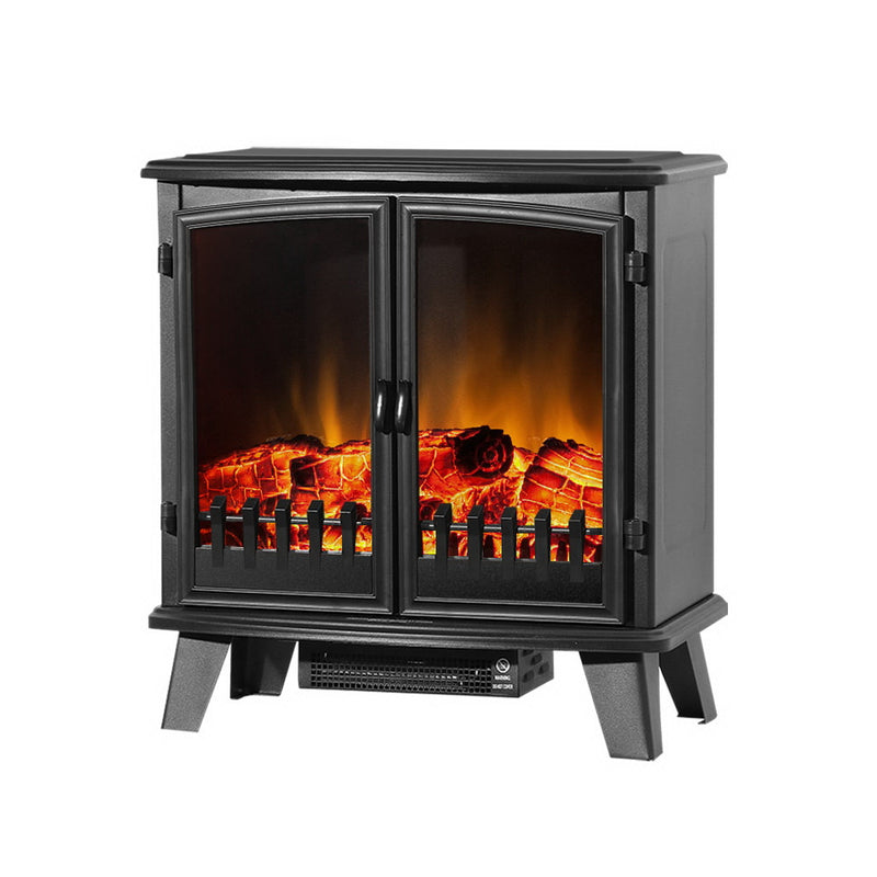 Devanti Electric Fireplace Heater Portable Fire Log Wood Effect Dual Door 1800W Black - Coll Online